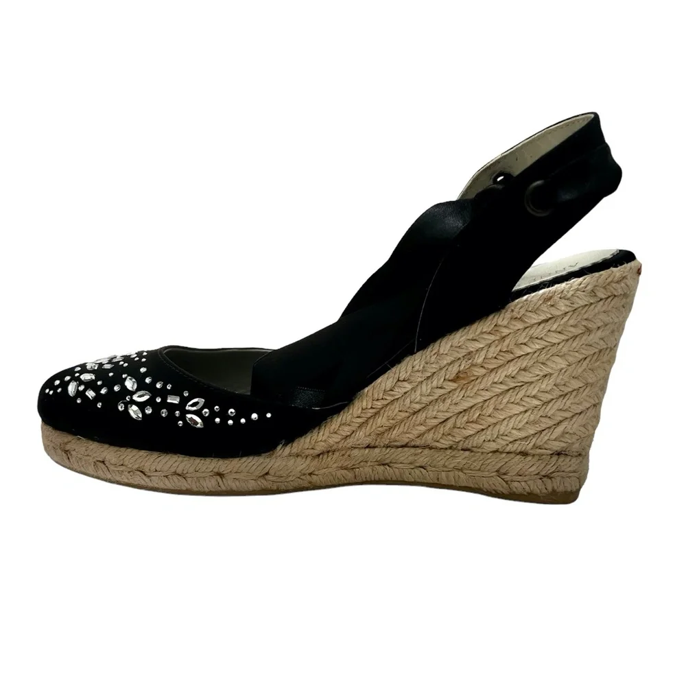 ANNE KLEIN BLACK SATIN WEDGE PEEP TOE ESPADRILLES W SATIN ANKLE WRAP & CRYSTALS